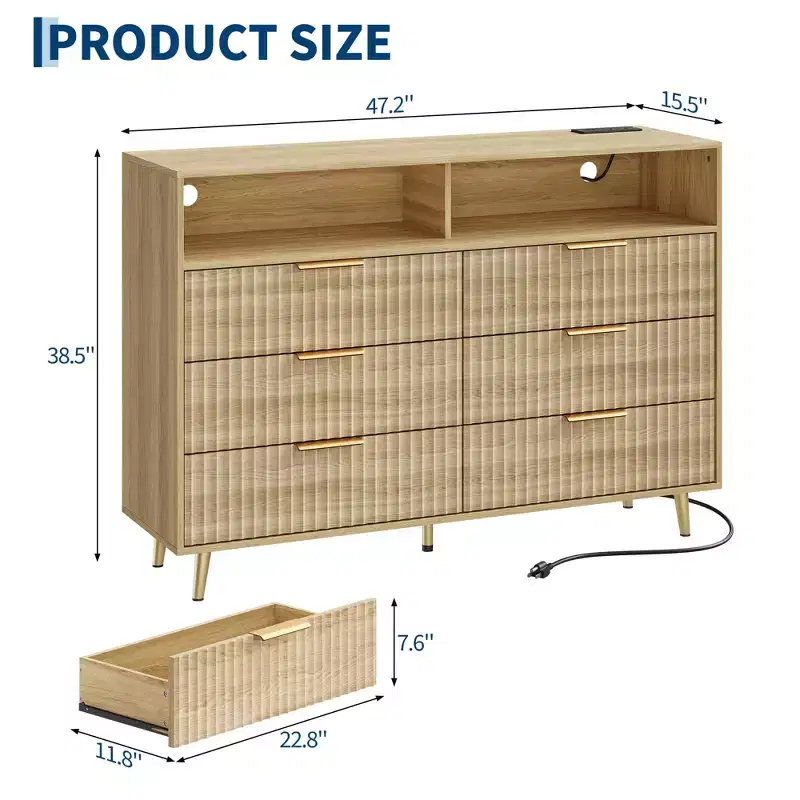 6 Drawers Dresser for Bedroom, 47.2 Wide Dressers with LED Lights, Curved Profile Design, Fluted Wood Drawers for Living Room, Oak