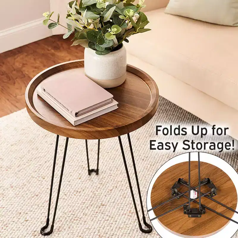 The Lakeside Collection Round Wooden Side Table with Metal Foldable Legs - 15D -