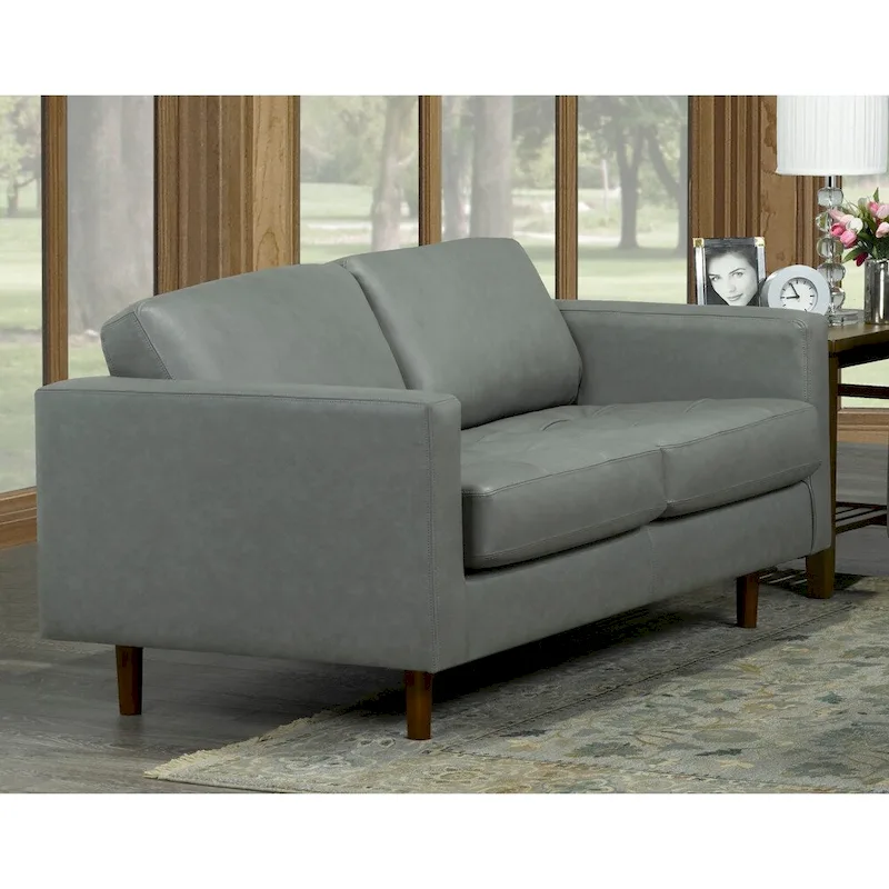 Booker Mid Century Modern Grey Top Grain Italian Leather Tufted Sofa and Loveseat