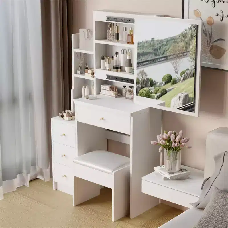 Makeup Vanity Desk, Vanity Table Set With Stool, Right Sliding Mirror, Multi Layer Storage Shelves, 4 Drawers, Dressing Table White