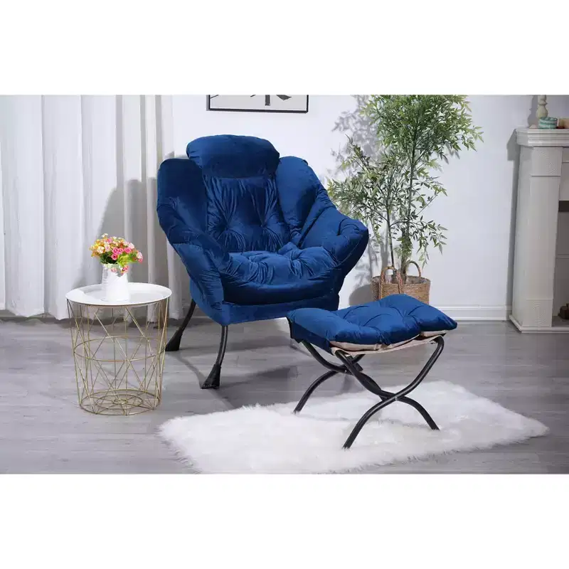 Cotton Fabric Lazy Accent Armchair with Side Pocket and Steel Frame for Living Room