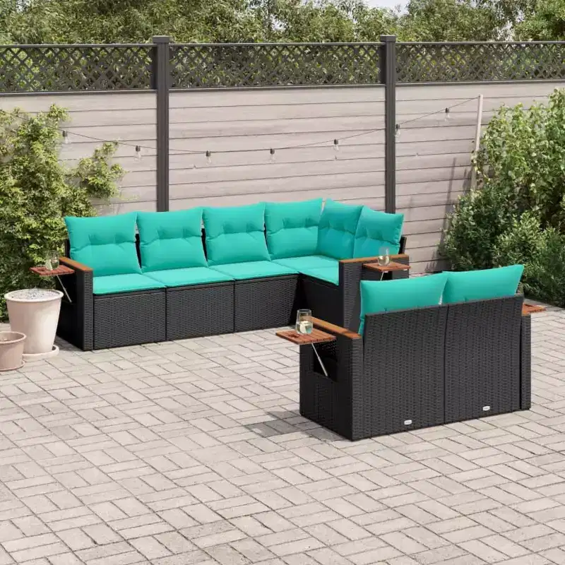 vidaXL 7 Piece Patio Sofa Set with Cushions Black Poly Rattan