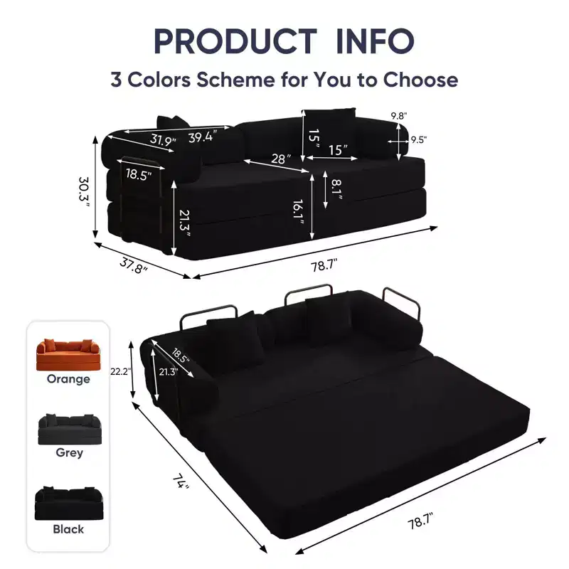 Mjkone Convertible Pull Out Sleeper Sofa Bed with Pillows&Movable armrest,Folding Mattress Couch, Removable Washable Floor Sofa