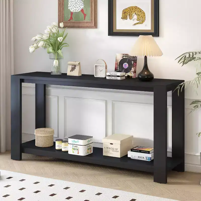 Minimalist Console Table with Bottom Shelf and Four Legsideal for entryway, hallway, living room,or corridor with distinctive features. Black