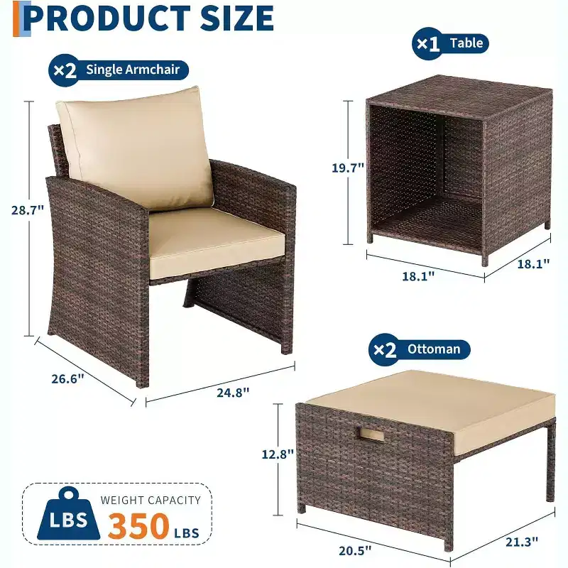 5-Piece High Back Patio Sofa Set, PE Rattan Outdoor Furniture with Soft Cushions, 2 Ottomans and Table, for Garden, Balcony, Porch, Poolside