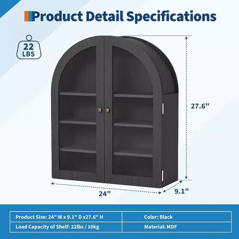 Wall Mounted Bathroom Cabinet with Glass Doors, Arched 4-Tier Storage Organizer, Adjustable Shelf Medicine Cabinet, 24W x 28H x 9D