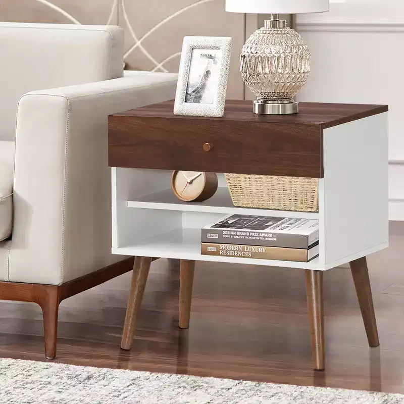 Set of 2 Mid-Century Nightstands, End Side Tables with Drawer and Open Shelves, Rubberwood Legs
