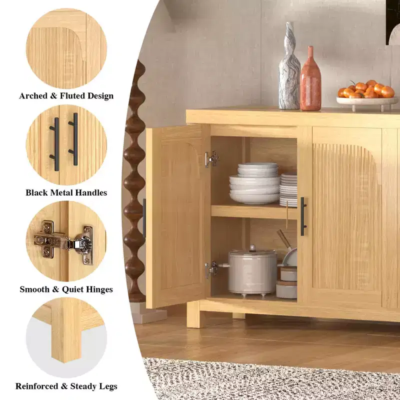 Buffet Cabinet, Sideboard with Storage  71 Modern Farmhouse Arched Fluted Design, 4 Doors with Cable Management & Adjustable Shelves, Light Oak