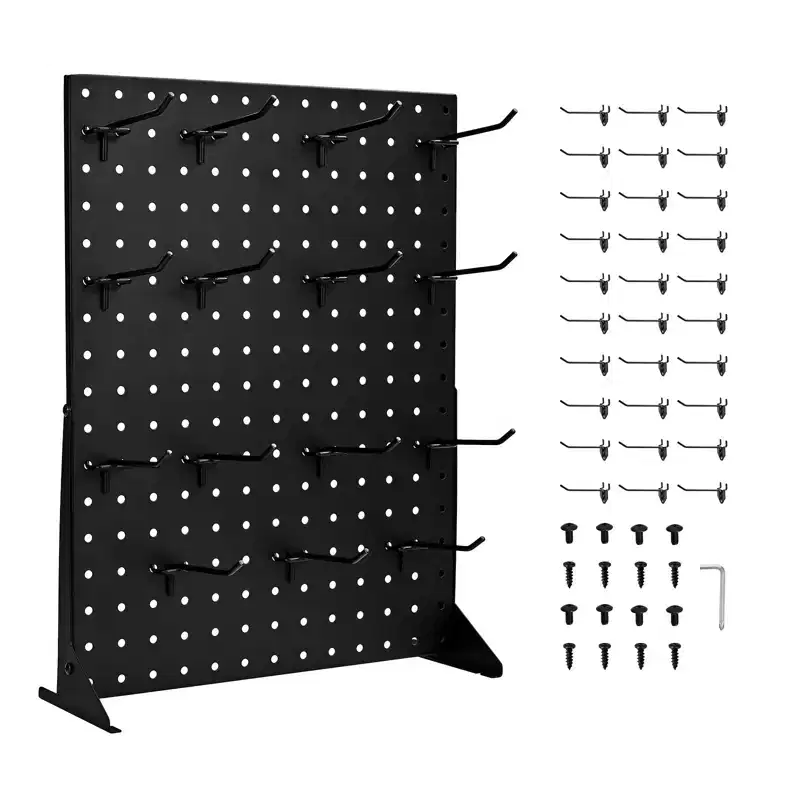 Pegboard Display Stand, 17 x 13 Inch Tabletop Pegboard Display Stand with 30 Hooks, Thickened Cold-Rolled Steel Peg Board Panel, Black (2 PCS)