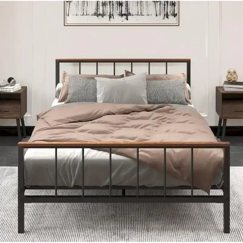 Black Metal Platform Bed with Headboard – Queen / Full, Fits 2–3