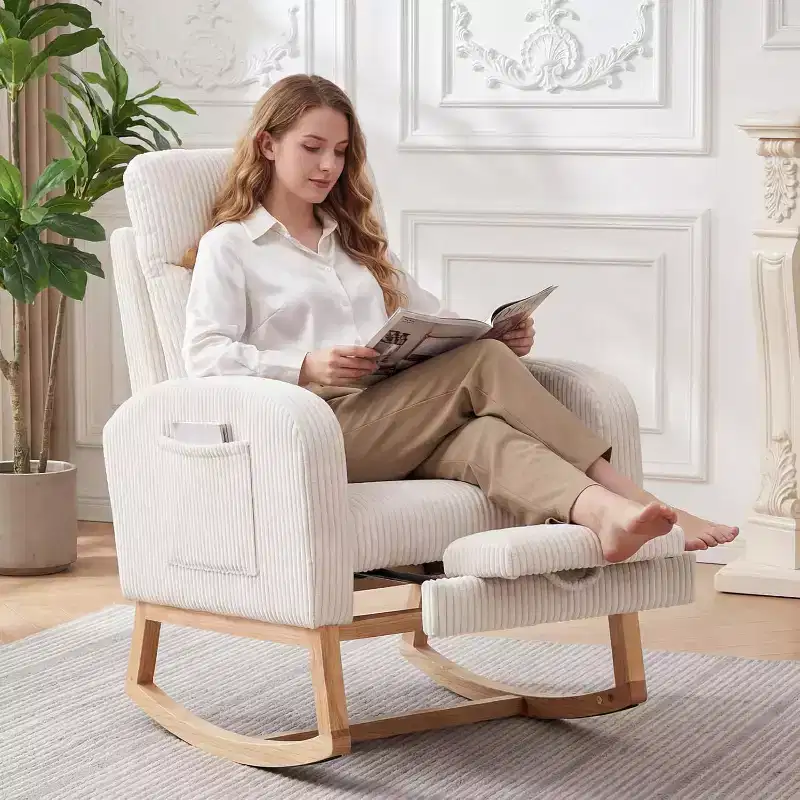Modern Nursery Rocking Chair, Corduroy Upholstered Glider with Adjustable Footrest & Side Pocket for Living Room Bedroom Nursing Room, Beige