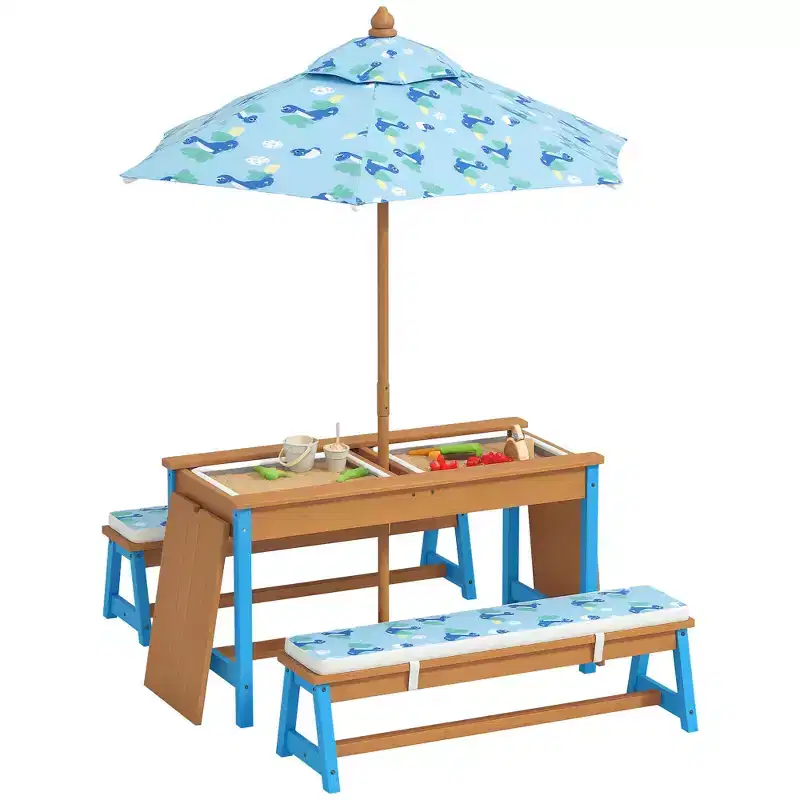 Qaba Kids Picnic Table, Wooden Table and Bench Set with Foldable Umbrella, Removable Cushions & Boxes, for Patio