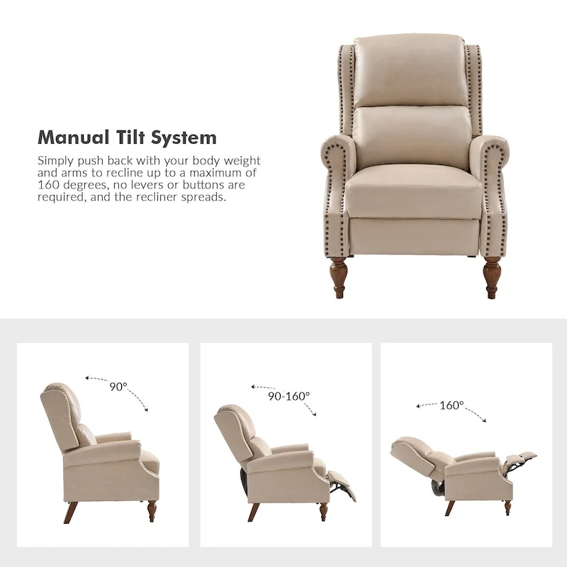 Traditional Vegan Leather Manual Push-Back Recliner, Padded Armrests, Solid Wood Legs, Living Room