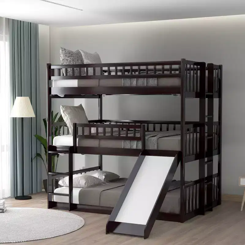 Full Over Full Over Full Triple Bunk Bed with Ladders and Slide, Espresso