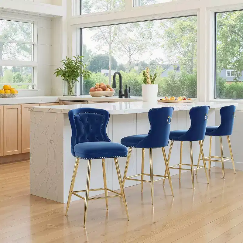 MAYEERTY Blue Velvet Bar Stools Set of 2, Button-Tufted Wing-Back,Metal Legs for Kitchen Island & Pub