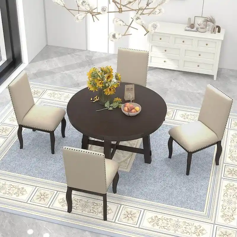 5 PCS Farmhouse Dining Table Set of 4 Chairs, Extendable