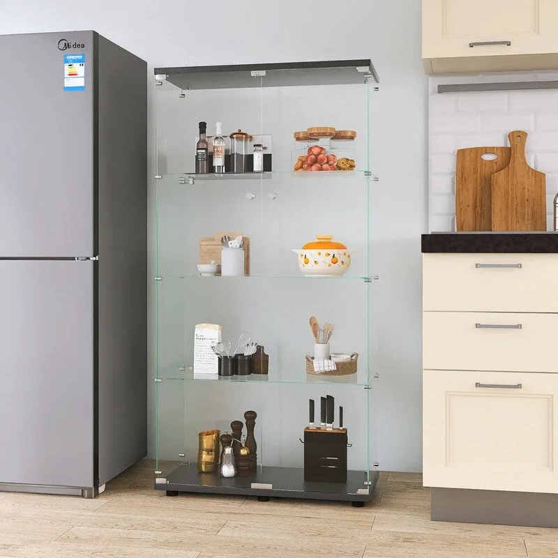 Floor Standing Two-door Glass Display Cabinet 4 Shelves with Door
