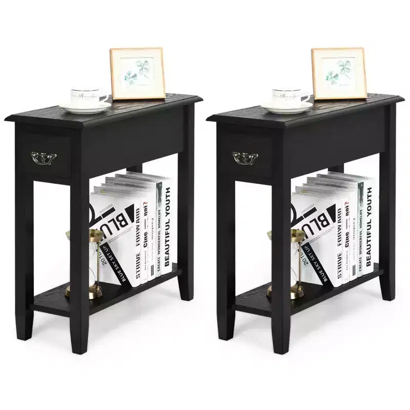 Costway Set of 2 Nightstand 2 Tier End Bedside Sofa Side Table w/Drawer &Shelf Black