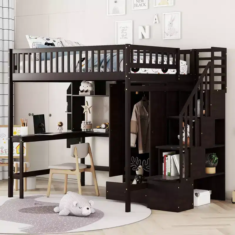 Full Size Loft Bed with Wardrobe and Built - in Desk, Solid Wood High Staircase Loft Bed Frame with Storage Bookshelf for Kids