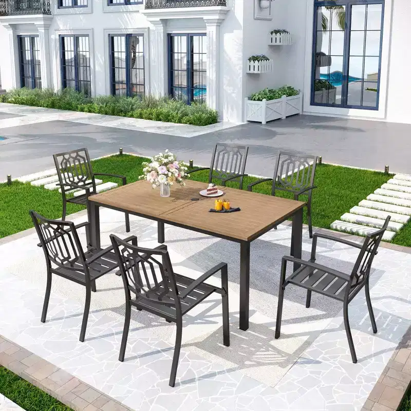 7pc Metal Patio Dining Set with Rectangular Faux Wood Table & 6 Stackable Chairs - Captiva Designs