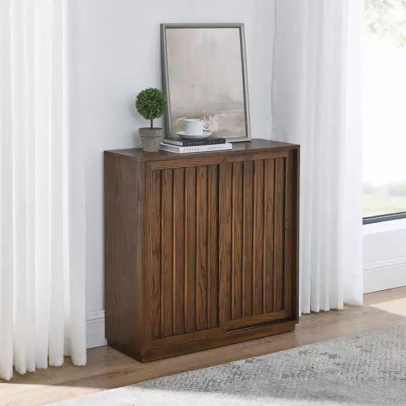Mid Century Storage Cabinet Sideboard with 2 Sliding Doors for Living Room, Kitchen, Dining, Entryway, Walnut
