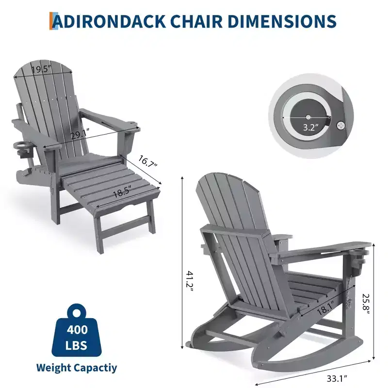 4-in-1 Folding HDPE Adirondack Chairs Set of 4, Retractable Ottoman & Removable Rocking Base, 400lbs Capacity Grey