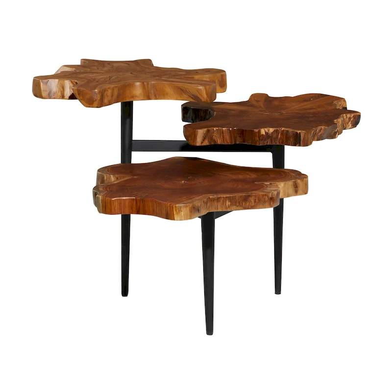 Teak Wood Handmade Live Edge 3 Tier Accent Table with Black Base - Brown - 36W x 34L x 24H