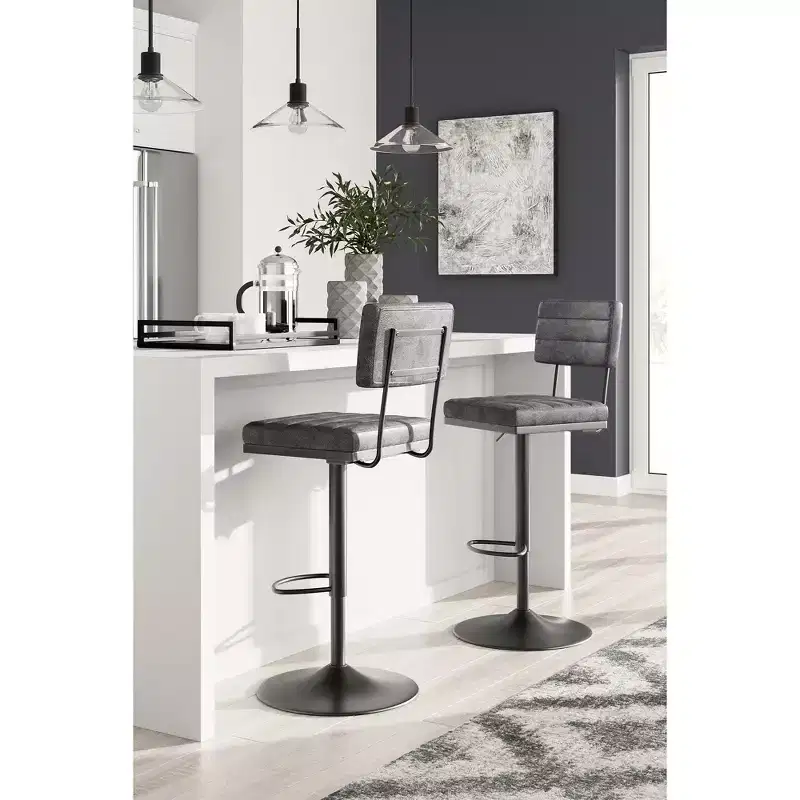 Bar Height Swivel Barstool Set of 2 Adjustable Height Faux Leather Gray Black Metal Frame