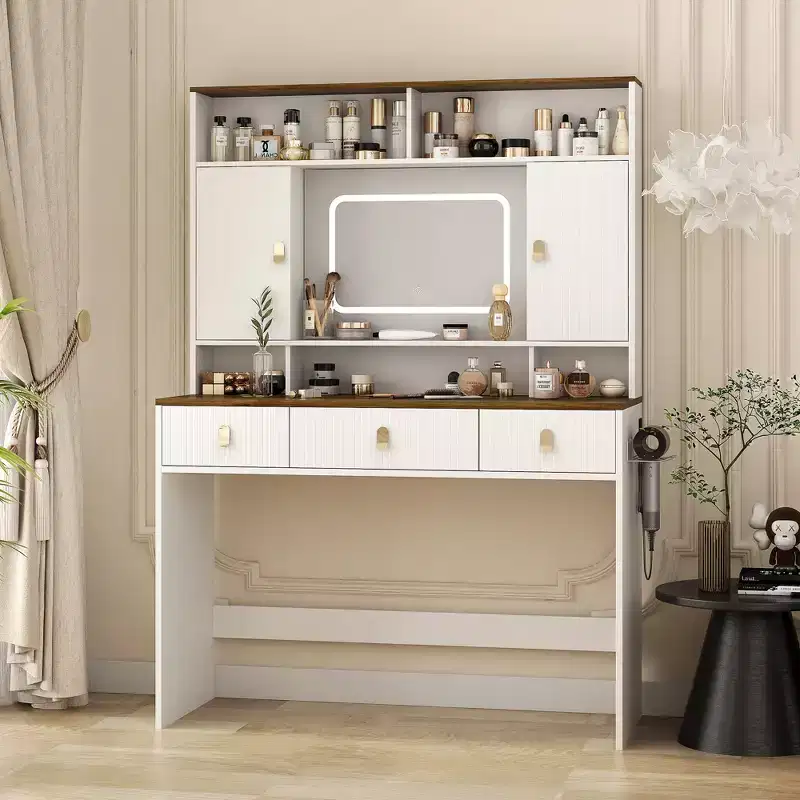 43-Inch Farmhouse Makeup Vanity Desk with Lighted Mirror, Organized Storage, Hair Dryer Holder for Bedroom, Natural Finish