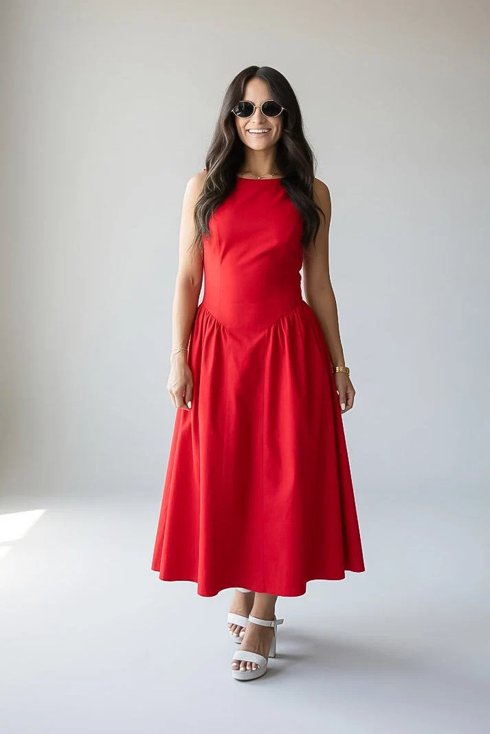 Red Sleeveless Fit and Flare Midi Dress