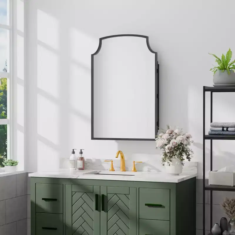19.5 x 29.64 Inch Gold Slightly Arch Wrought Iron Framed Medicine Cabinet With Mirror, Wall-mounted Mirror Cabinet For Bathroom