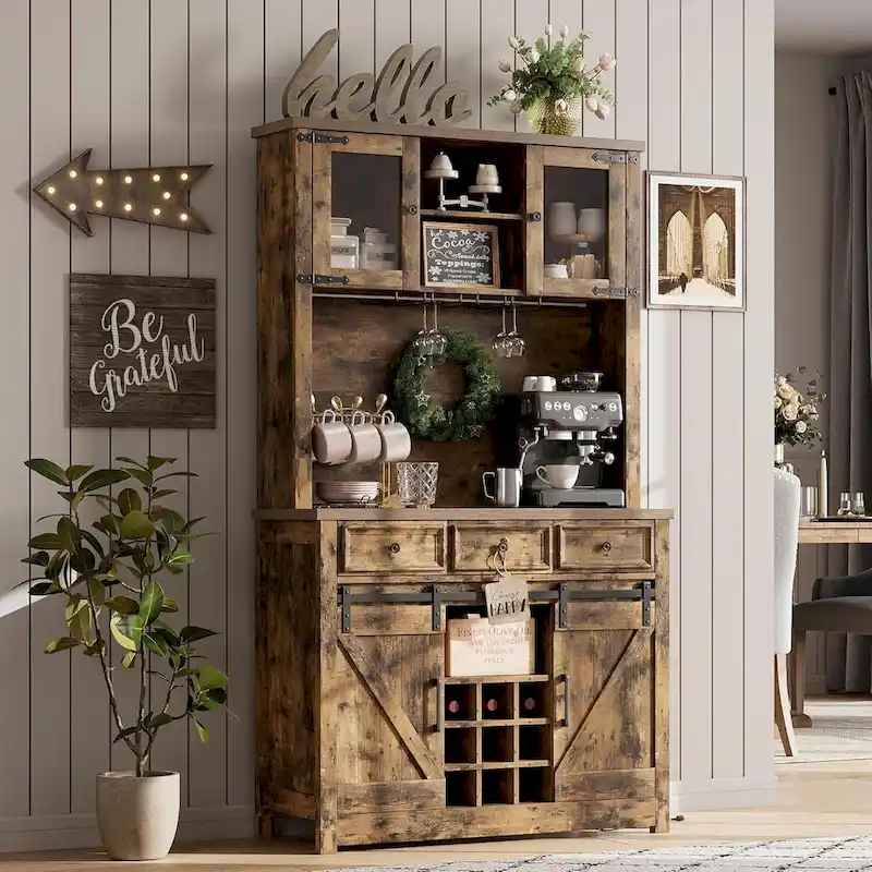 Modern Farmhouse Coffee Bar Cabinet with LED Lights & Power Outlets, Kitchen Cabinet