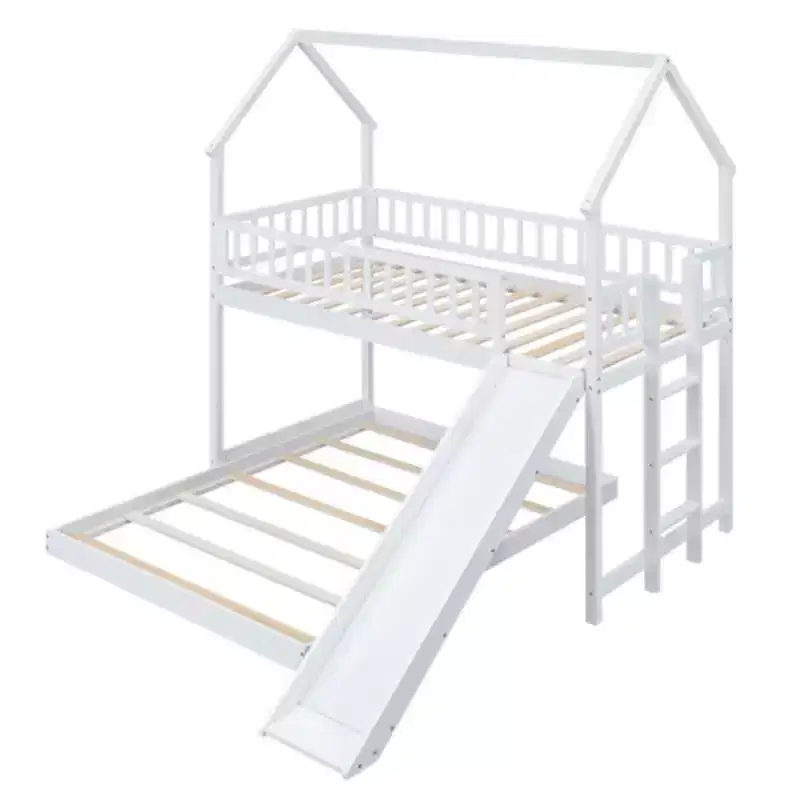 White Twin over Full House Bunk Bed with Slide, Built-in Ladder, and Full-Length Guardrail