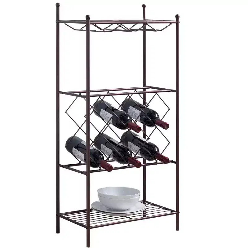 Freestanding Metal Wine Rack – Bronze, 8 Bottles, Glass Holder & 2 Storage Shelves