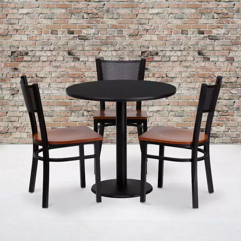 Emma and Oliver 30 Round Black Laminate Table Set, 3 Grid Back Metal Chairs
