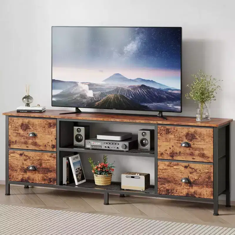 Qwatto 63 Inch Brown TV Stand Dresser for TVs up to 70 Inch Media Console Entertainment Center 4 Drawers Open Shelves Bedroom Living Room Storage