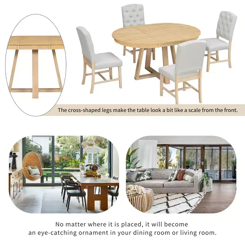 Whisen Retro Style 5-Piece Extendable Dining Set with 4-Botton Tufted Upholstered Chairs