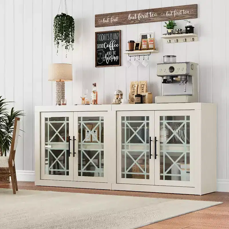 GustoWave Modern Accent Kitchen Sideboard Buffet, Wood Storage Cabinet with 4 Glass Doors