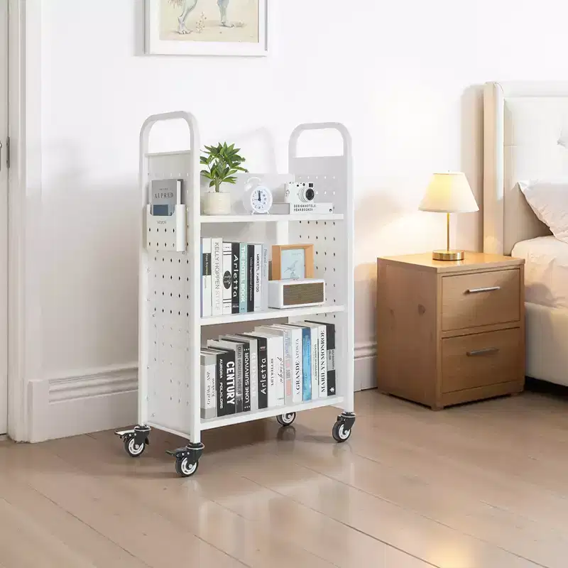 VEVOR Rolling Library Book Cart, 330 lbs Capacity, 30.3 x 15 x 48.0-Inch Library Cart,Single Sided L-Shaped Shelves with 3-Inch Lockable Wheels,White
