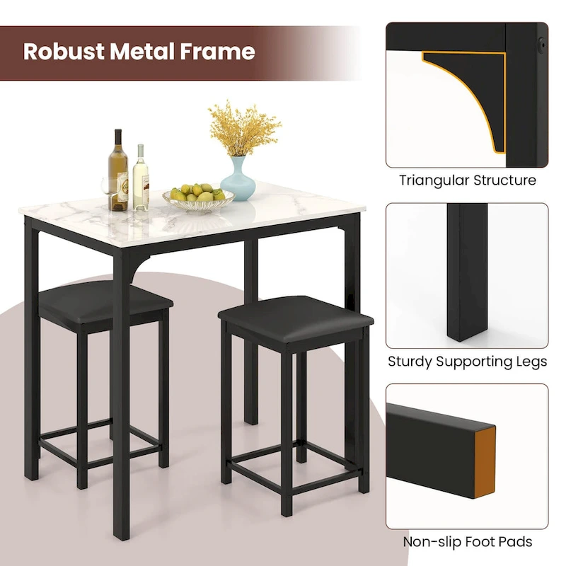 Costway 3 Piece Counter Height Dining Set Faux Marble Table 2 Chairs