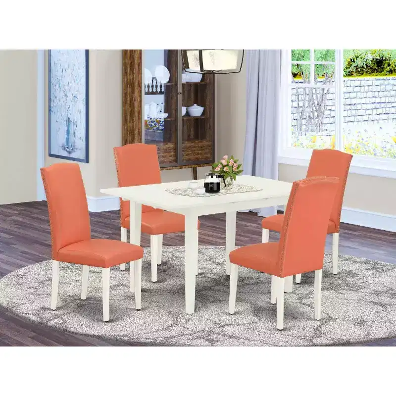 HomeStock 5-Pc Linen White Finish Solid Wood Top - Rectangular Upholstered Dining Room Set with Butterfly Leaf - Seats 4