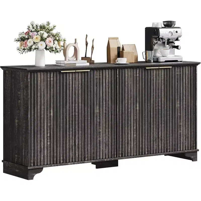 Fluted Sideboard Buffet Cabinet with Storage,4 Decorated Doors,Wood Coffee Bar Cabinet with Solid Wood Feet for Kitchen, Dining Room, Hallway