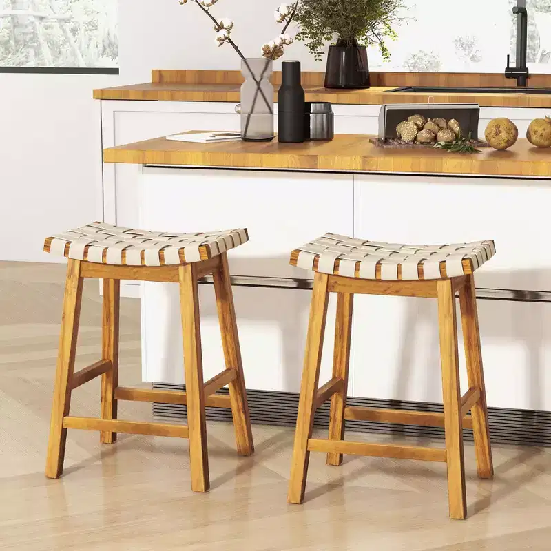 Costway Woven Saddle Stools Set of 2 25.5'' Faux PU Leather Counter Height Kitchen Stool Black/Beige