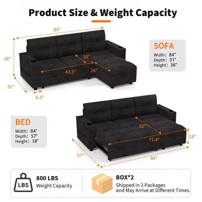 84 Sectional Sleeper Sofa Bed with Pull Out Couch - Convertible Plush Corduroy Cloud Couch with Storage Chaise & USB Charging, Comfy l Shaped Modular