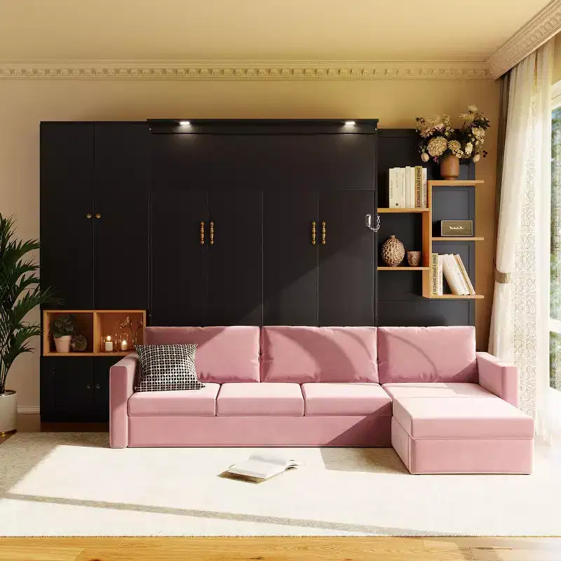 Whisen Queen Murphy Bed Frame with Gray Sofa, Storage Shelves & Cabinets