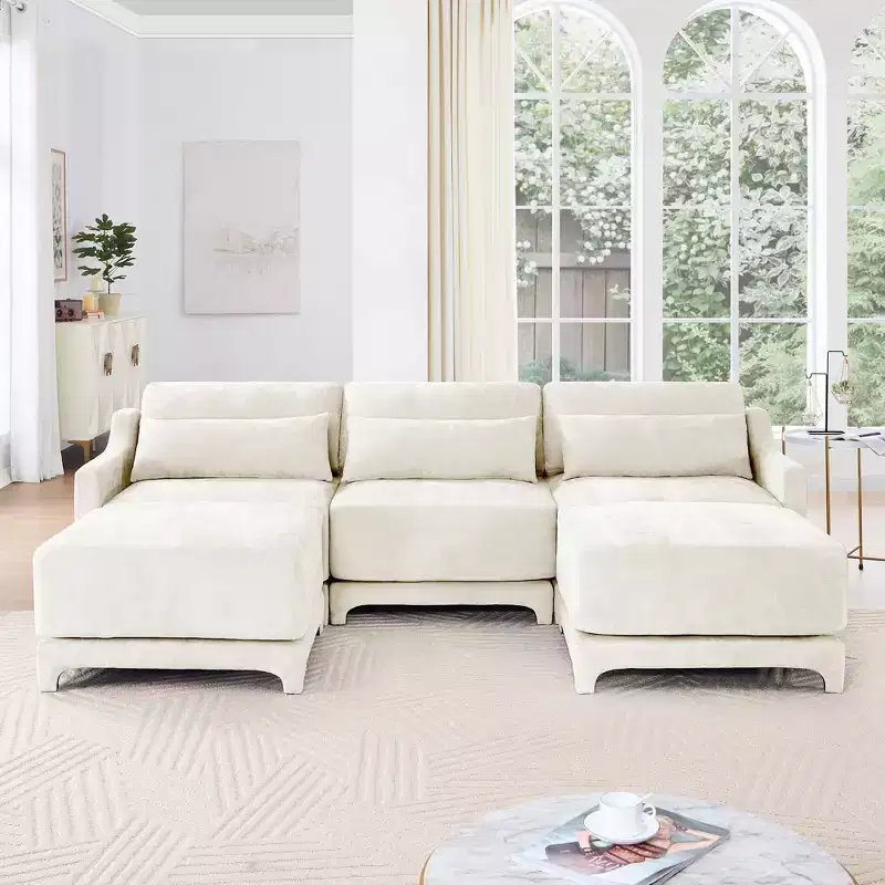 3-Seater Chenille Fabric Beige Sofa with 2 Movable Ottomans and Lumbar Pillow High-Resilience Sponge High Quality Wooden Base