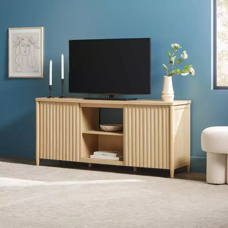 Scandinavian Reeded TV Stand with Storage