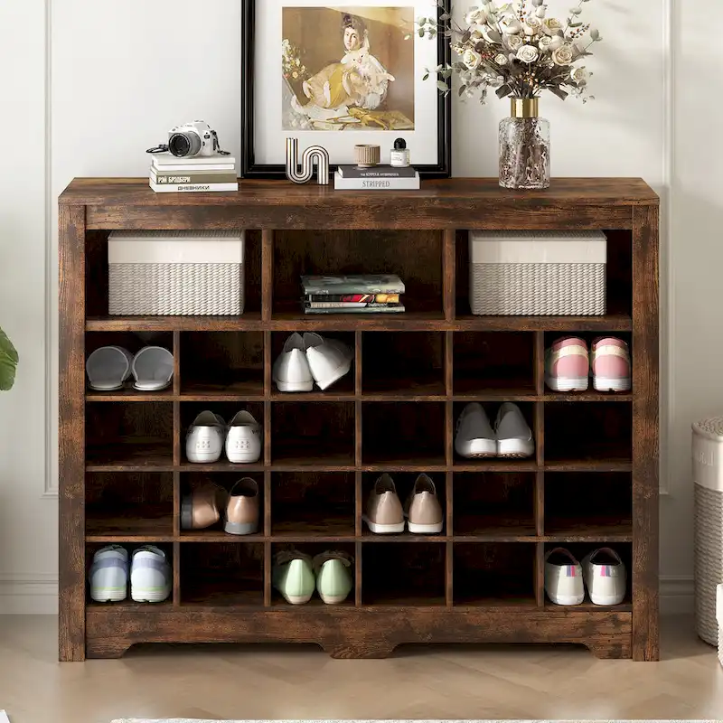 Sleek Design 24 Shoe Cubby Console, Modern Shoe Cabinet with Curved Base