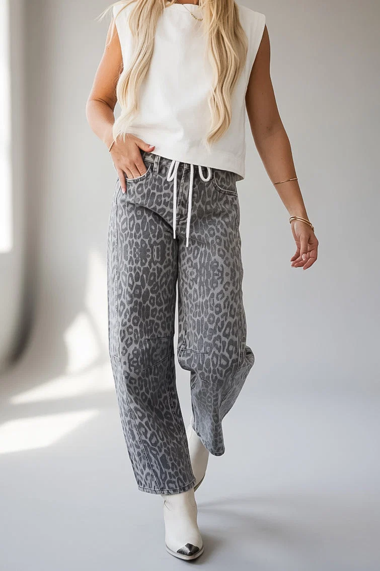 Leopard Print High Waist Barrel Leg Jeans