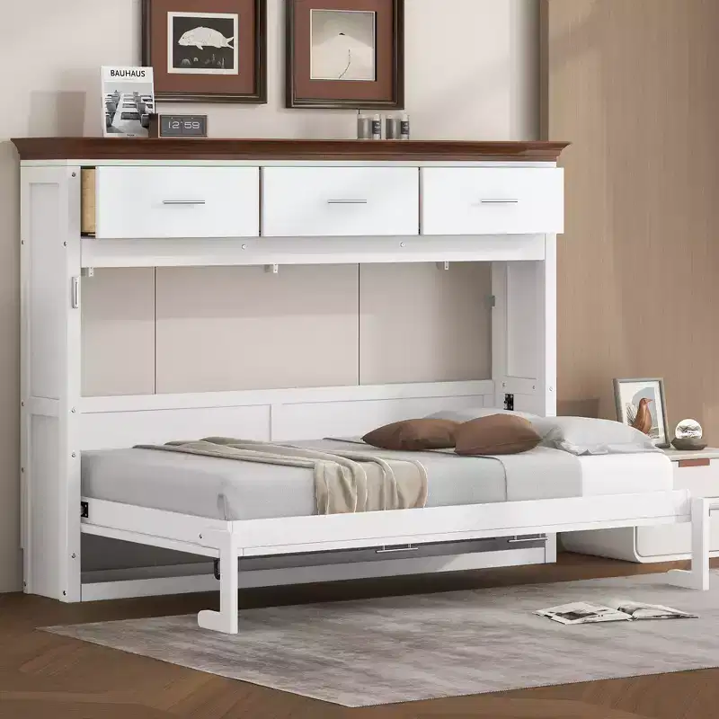 Twin Size Murphy Bed, Wooden Twin Cabinet Bed Wall Bed with 3 Drawers, Folding Wall Chest Bed for Guest Room Office, White